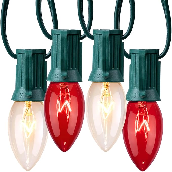 Minetom C9 Red & Clear Christmas String Lights, 25FT 25 Blubs Bright & Warm Outdoor Christmas Lights, Long Life C9 String Lights for Tree Patio Gazebo Wreath, Green