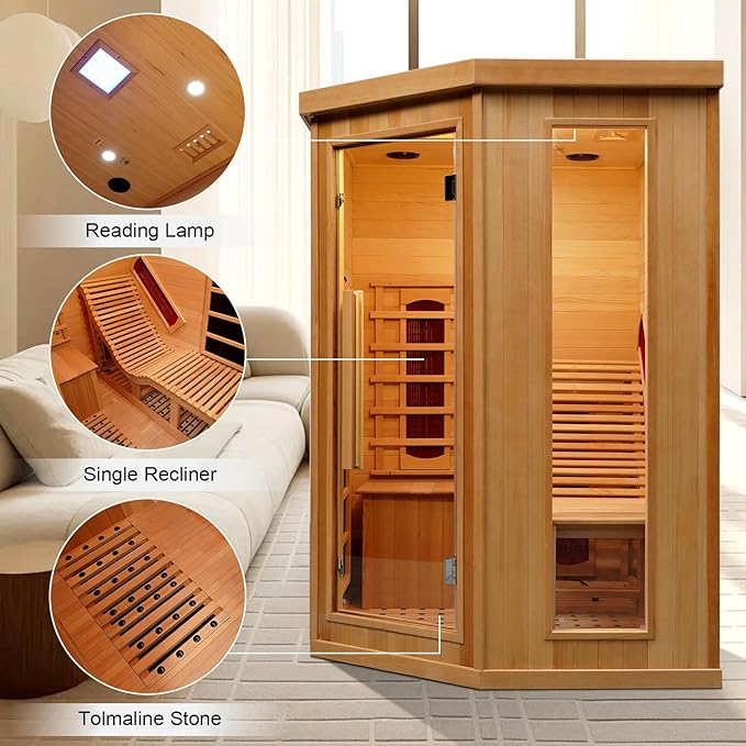ZONEMEL Infrared Sauna Room with Recliner, 1 or 2 Person Full Spectrum Infrared Sauna Home, 220V, 2300W, 4 Heating Tubes, 4 Carbon Crystal Heating Panel, Bluetooth Speakers, 7 Color Light, Oxygen Bar