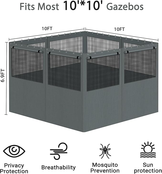 Gazebo Privacy Curtain 10'x10', Replacement Curtains with Mosquito Net Windows, 4-Panels Side Wall, Zippers, Waterproof Outdoor Curtains for Patio, Canopy, Garden and Backyard, Gray (Curtain Only)