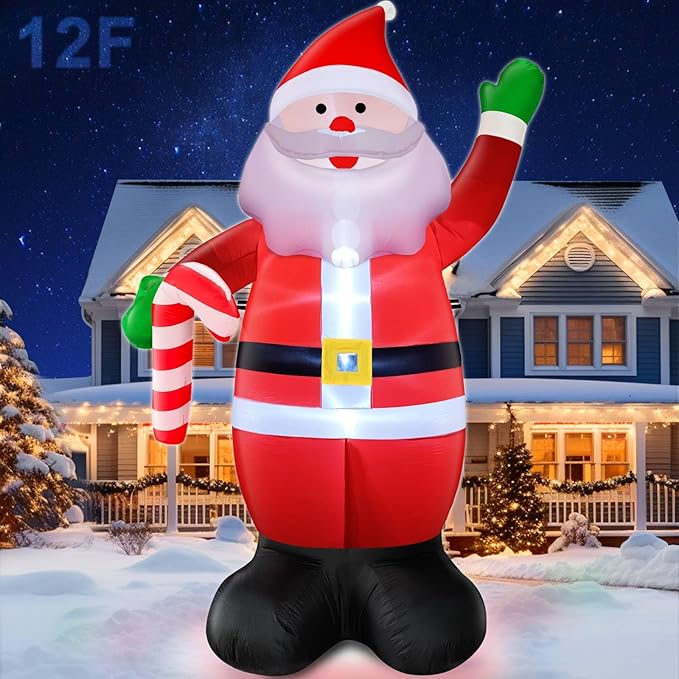 TURNMEON 12 Foot Super Giant Christmas Inflatable Santa Claus Christmas Decorations Outdoor, Blow Up Santa Holds Candy Cane with Built-in LED Lights Tethers Stakes for Yard Lawn Garden Xmas Decor Home