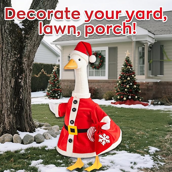 Christmas Santa Porch Goose Outfit for Large 23" High Cement or Plastic Goose Statue, Yard Goose Cloths with Snowflake Gift Bag and Christmas Hat Decor for Outdoor Lawn Gaden Patio