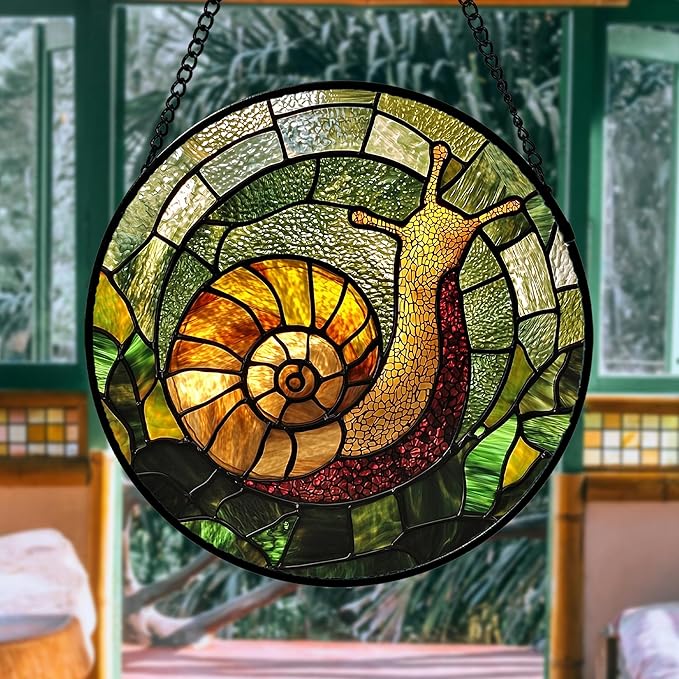 Stained Glass Window Hanging, Green Orange Snail Sun Catcher for Door Home Decor Suncatcher Christmas Mother's Day Birthday Gifts for Women Men Mom and Nana 6.3 in