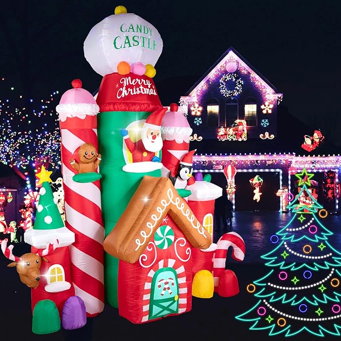 Hioasis 10 FT Christmas Inflatable Decorations,Gaint Candy Castle Inflatable with Santa,Reindeer,Penguin,Gingerbread - Blow Up Yard Outdoor Decorations with LED Lights Built-in,Perfect for Christmas