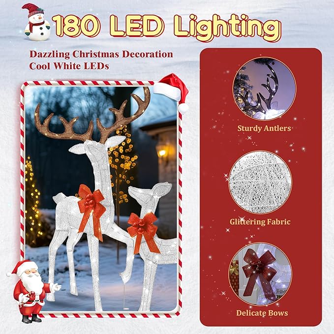3D Reindeer Family Christmas Decor Set 4.5Ft Lighted Christmas Reindeer/Deer Family Set Outdoor Christmas Yard Decorations with Stakes & Zip Ties for Holiday Lawn Patio Party