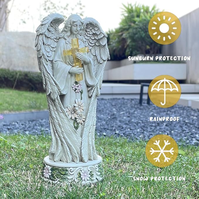 Angel Statue for Garden, Solar Angel for Cemetery Decorations, Unique Funeral Memorial Gifts, Praying Angel Cross Memorial Statue