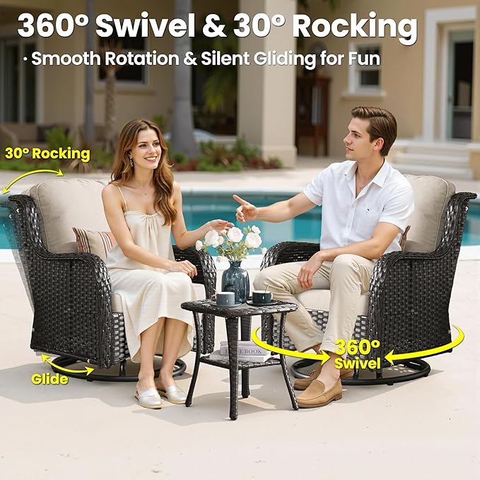 ovios 8 Pieces Patio Furniture Set, Outdoor Wicker Sofa Couch with Swivel Chairs 42" Fire Pit Table, High Back All Weather Modern Conversation Sets, Brown Rattan, Beige