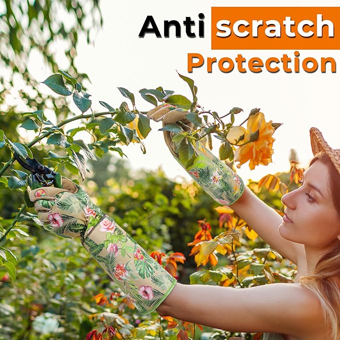 HANDLANDY Leather Gardening Gloves for Women, Scratch Resistant Breathable Ladies Rose Pruning Garden Gauntlet Yard Gloves, Gift for Gardeners (Khaki, S)