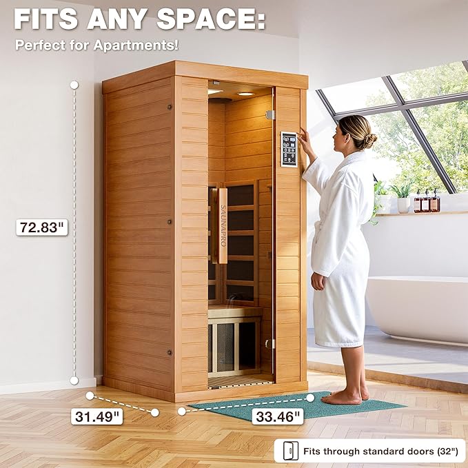 1- Person Infrared Sauna, Remotely Controllable Indoor Sauna, Low EMF 1200W/120V LCD Heater, WiFi & BT Control, 9-Color Light Therapy, Safe Flame-Retardant Material, Wood