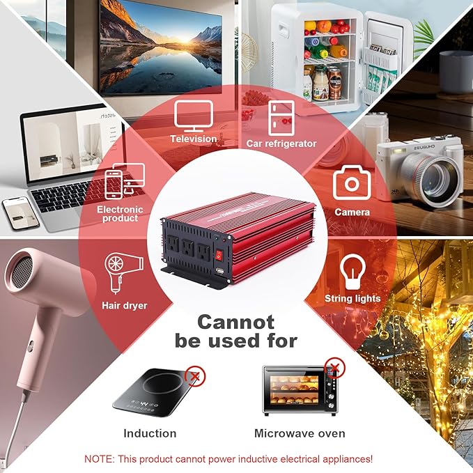 Power Inverter 2000 Watt, Modified Sine Wave Power Converter 2000W DC 12V to 110V AC Car Inverter with 2.4A USB Ports 3 AC Outlets Red