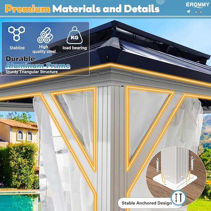 EROMMY 12'x20' Gazebo Hardtop, Galvanized Steel Double Roof Metal Gazebo with Aluminum Frame, Permanent Outdoor Pavilion with Curtain and Netting for Patio Lawn and Garden, Blue