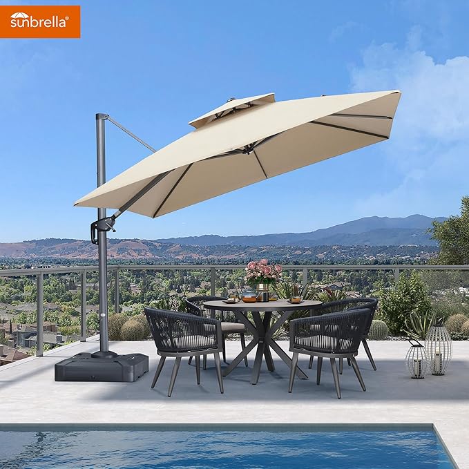PURPLE LEAF Cantilever Umbrella with Base Included 10 Feet Outdoor Double Top Large Offset Hanging 360° Rotation Square Umbrella for Garden Patio Deck Pool Backyard Spectrum Sand
