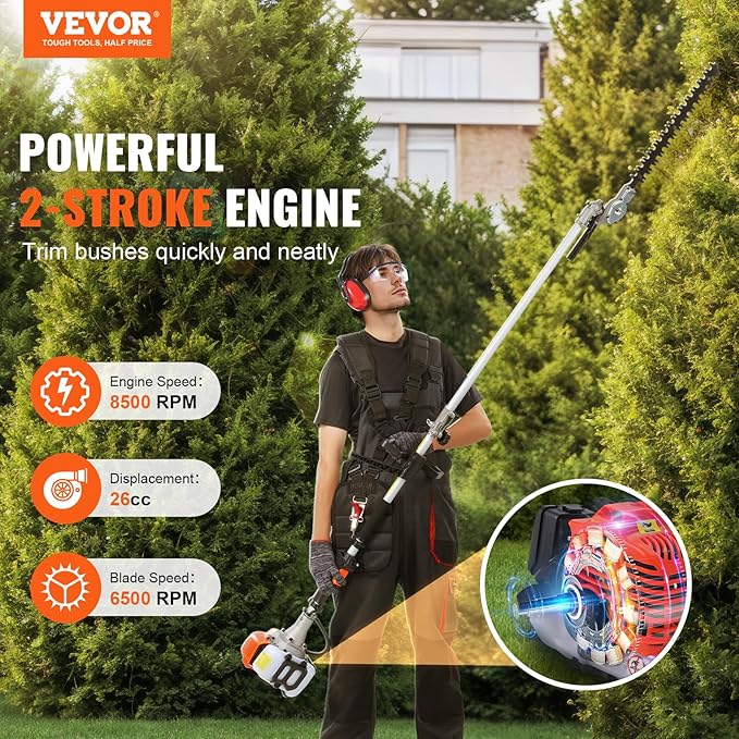 VEVOR 5-in-1 26cc 2 Cycle Gas Powered Dual Sided Hedge Trimmer, Weed Eater, String Trimmer, Edger, Pole Saw Chainsaw Pruner with EPA, CE and EMC Certification