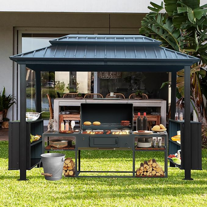Domi 6'×10' Hardtop Grill Gazebo, Outdoor Metal BBQ Gazebo with Galvanized Steel Double Roof, 2 Double-Layer Storage Cabinets and Ceiling Hooks, Permanent Grill Canopy for Patio Backyard Garden,Grey