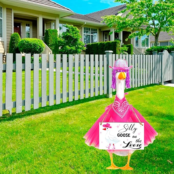Cowboy Porch Goose Outfit Set for 23" Cement/Plastic Lawn Goose Statue - Silly Goose on The Loose Sign with Hat, Bandana, Lace Tutu Skirt Funny Wigs for Garden Party Yard Outdoor Decor