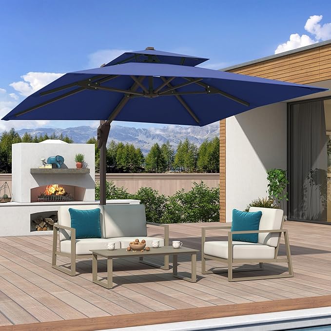 10x10 FT Cantilever Patio Umbrella with Base Included Double Top Outdoor Square Large Heavy Duty Aluminum Offset Umbrellas with 7 Level Tilt 360-degree Rotation for Pool Garden Deck,Navy