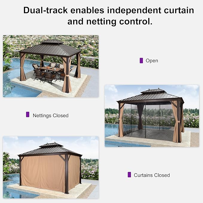PURPLE LEAF 10' X 12' Hardtop Gazebo Canopy for Patio Deck Backyard Heavy Duty Outside Sunshade with Netting and Curtains Outdoor Permanent Metal Pavilion
