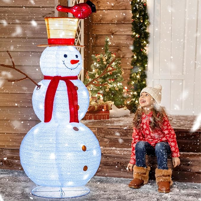 NALONE 4 FT Christmas Lighted Snowman with 100 LED Lights & Timer, Collapsible Snowman Christmas Decorations Outdoor Yard Home, Fluffy Snowman with Bird