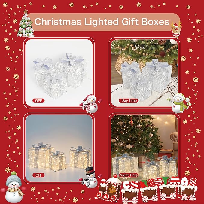 Set of 3 Christmas Lighted Gift Boxes, Plug-in 140 LED Light Up Present Boxes for Christmas Decorations Indoor Home Porch Wedding Holiday Birthday Party (Silver Bow)