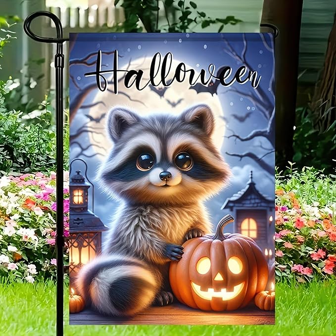 Welcome Halloween Garden Flag Fall Pumpkin Raccoon Garden Flag Vertical Double Sided 12 x 18 Inch Seasonal Autumn Thanksgiving Yard Outdoor Decoration