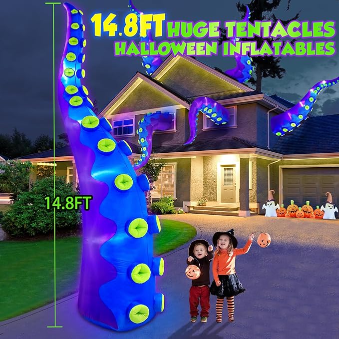 1PCS 14FT Giant Halloween Inflatables Octopus Tentacles, Huge Halloween Decorations Outdoor Build-in LED Lights Vivid Spooky Blow Up Yard Decoration Large Blowups Holiday Lawn Party Yard -Style B