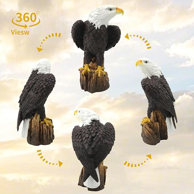 Garden Sculpture Hand-Painted Bald EagleResin Statue 14.2 Inch Tall with Stump Base Realistic Feather Texture & Vivid Postures for Home Office Yard Ornament