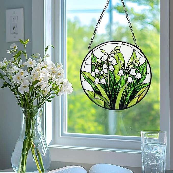 Stained Glass Window Hanging, Lily of The Valley Flower Diamond Glass Panel Suncatcher Green Plant Sun Catchers for Home Garden Balcony Window Decor, Plant Lover Gifts (11.8 Inch)