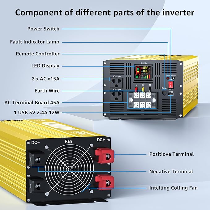 XWJNE 4000W Pure Sine Wave Power Inverter 48V DC to 120V AC Converter with LED Display and Remote Controller for Home, RV, Truck, Off-Grid Solar Power