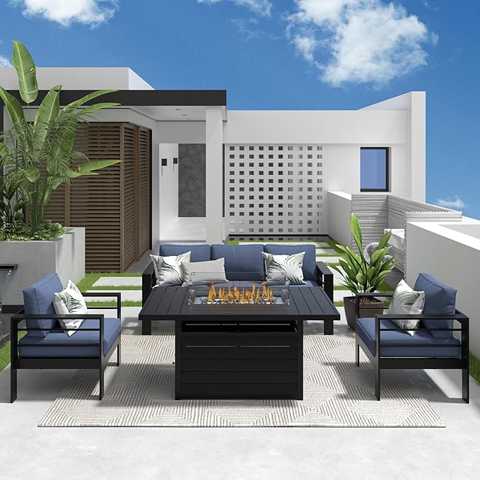Solaste Aluminum Patio Furniture Set with Fire Pit Table, 4 Piece Metal Outdoor Furniture with Water-Resistant Cushions, Modern Patio Conversation Set for Balcony, Front Porch, and Backyard,Blue