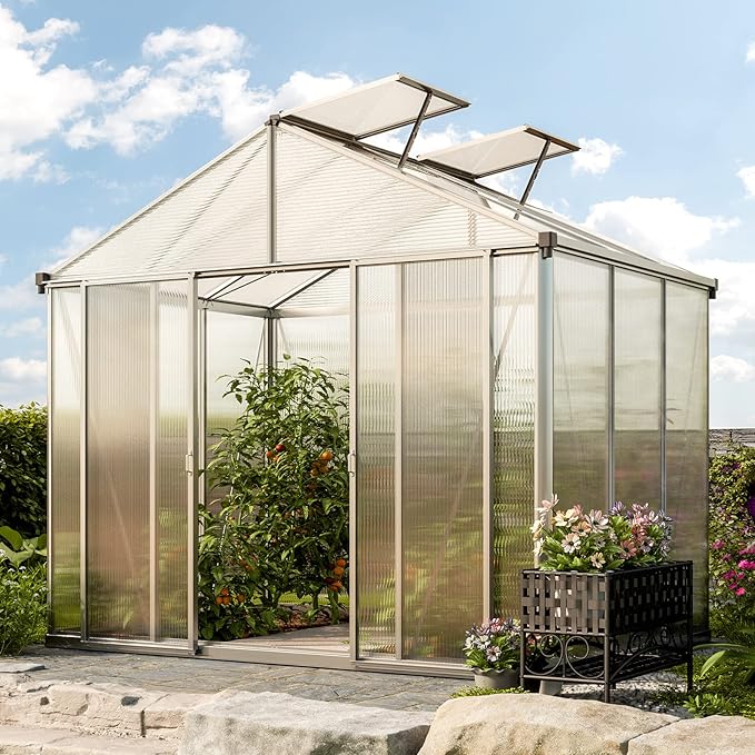 Greenhouse Rubin 3 Aluminum Frame 8.6 x 6.4 ft with Approx. 10 mm Polycarbonate Panels - with 2 Extra Skylights and 2 Automatic Window Openers