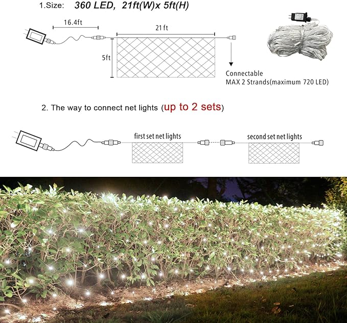 360 LED Net Lights, 21ft x 5ft Christmas Mesh Lights Clear Wire 8 Modes, Waterproof Connectable String Light Plug in for Xmas Tree Bushes Garden Outdoor Party Decorations - White