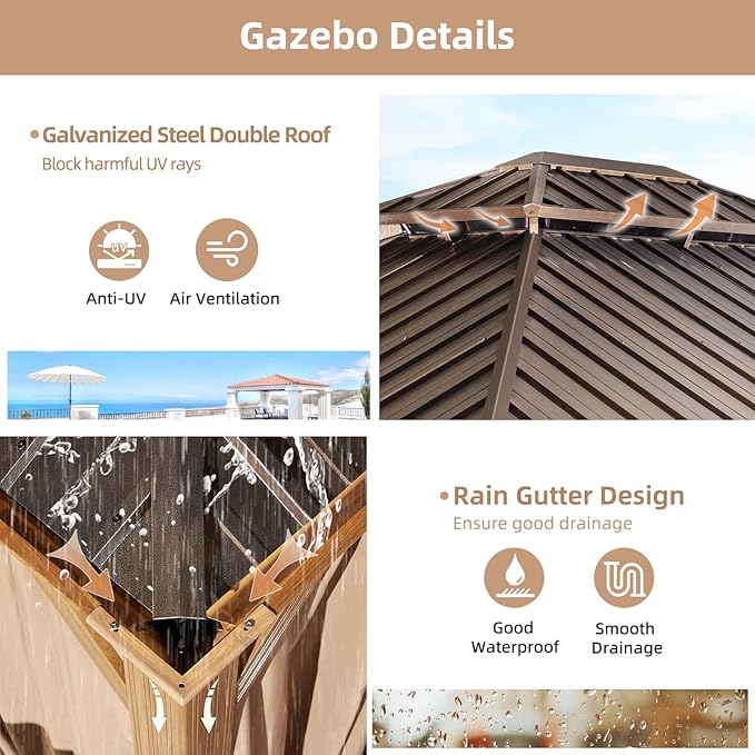 MELLCOM 10' x 12' Hardtop Gazebo, Wooden Finish Coated Aluminum Frame Gazebo with Galvanized Steel Double Roof, Outdoor Permanent Metal Pavilion with Curtains and Nettings for Patio, Lawn & Garden