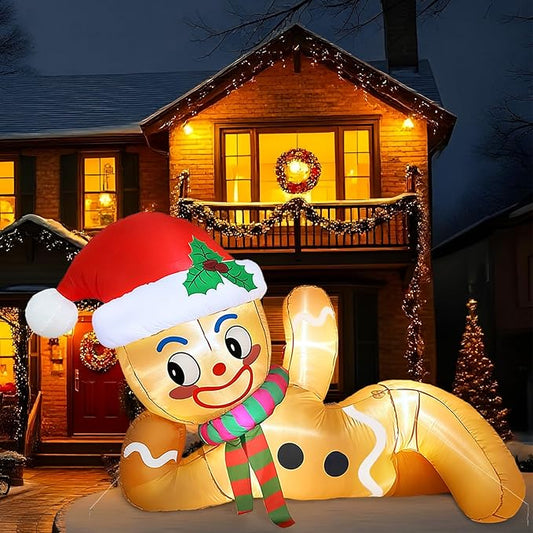 10 FT Christmas Inflatable Outdoor Decoration, Lying Gingerbread Inflatable Christmas Blow up Yard Decorations with LED Lights, Gingerbread Christmas Decoration Outdoor for Yard Garden Lawn