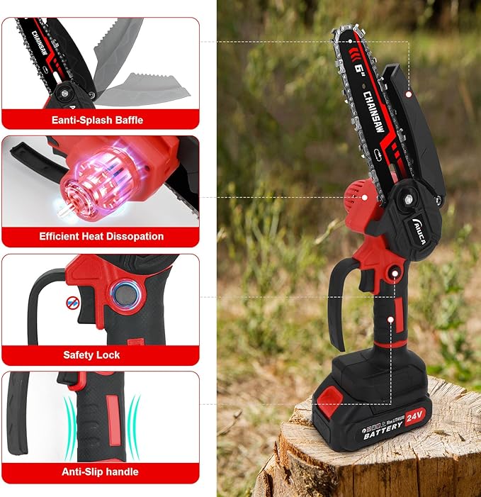 6-Inch Mini Chainsaw, Cordless Handheld Electric Chainsaw with 2x 24V 4000mAh Batteries & 2 Chains, Lightweight & Portable, for Tree Trimming, Wood Cutting, Gardening, Outdoor & Household Use (Red)