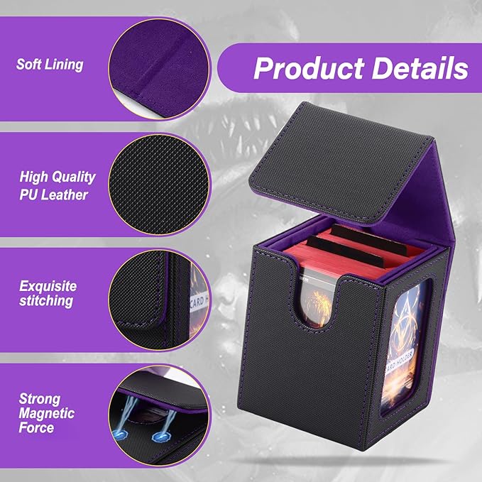 MTG Deck Box, Double Display Window MTG, Commander Deck Box Fits 120+ Single Sleeved Cards, PU Leather Magnetic Closure Card Box with 2 Dividers&2 Toploaders for TCG, CCG, Black/Violet