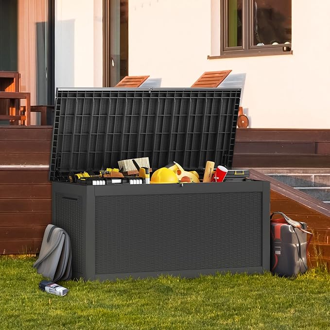 Vixzen 320 Gallon Resin Deck Box, Lockable Outdoor Storage Box for Patio Cushions Storage Furniture,Garden Tools, Pool Supplies, Weatherproof and UV Resistant- Black