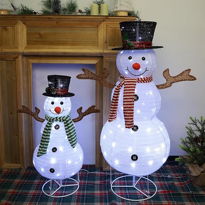Juegoal Set of 2 Lighted Christmas Snowman Decorations, 3.5+2.3FT Outdoor Collapsible White Snowmen with LED Lights, Pre-Lit Pop Up Xmas Yard Display, Plug in for Holiday New Year Winter Lawn Garden