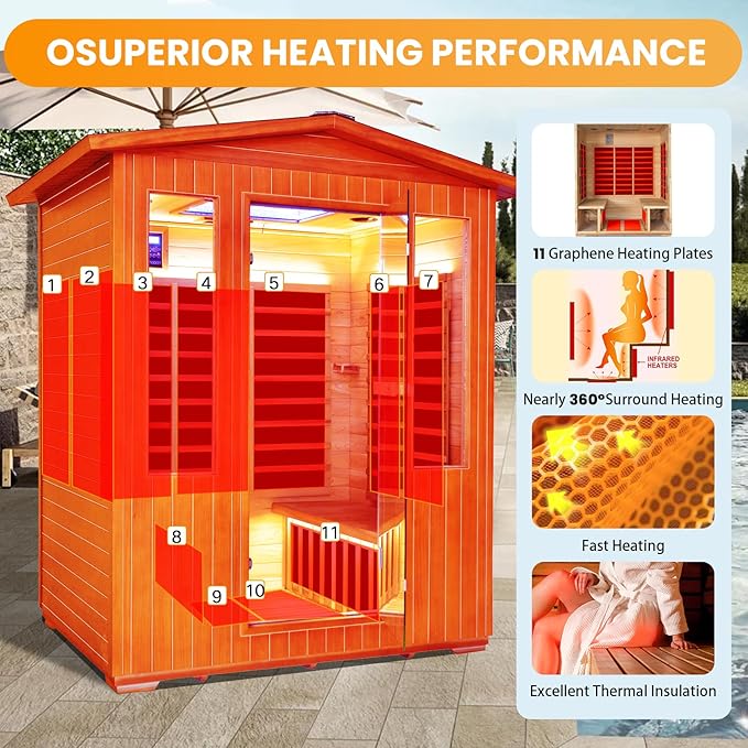 4 Person Outdoor Sauna Far Infrared Saunas Dry Sauna Room Wood Wooden Sauna Outdoor and Red Cedar Low EMF 2600W/240V with Oxygen Bar, 7 Color Light, Control Panel, Speaker - 62.2 * 46.9 * 81.9 in