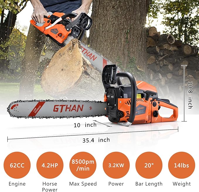 Gas Powered Chainsaw 62cc 2-Cycle Chain Saw 20 Inch Guide Bar Cordless Chainsaw Gasoline for Cutting Forest Wood Garden Trimming Tools