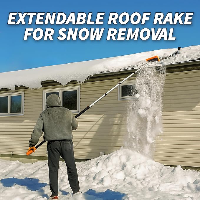 4-12 ft Telescoping Snow Roof Rake // High Reach Solar Panel Snow Removal Tool for Roofs, RVs & Cars // Heavy Duty Snow Rake for House Roof // 13.6" Scratch-Free Soft Foam Blade // Push Pull Design