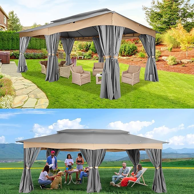 COBIZI Gazebo 12x20 Heavy Duty Gazebos with Curtain and Netting Outdoor Gazebo Canopy Double Roof Patio Gazebos with Metal Steel Frame for Patio, Garden, Backyard (Gray)