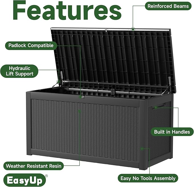 EasyUp 260 Gallon Outdoor Storage Box Waterproof, UV Resistant Resin Deck Box with Hydraulic Rod, Reinforced Stability for Patio, Garden, Rattan Black