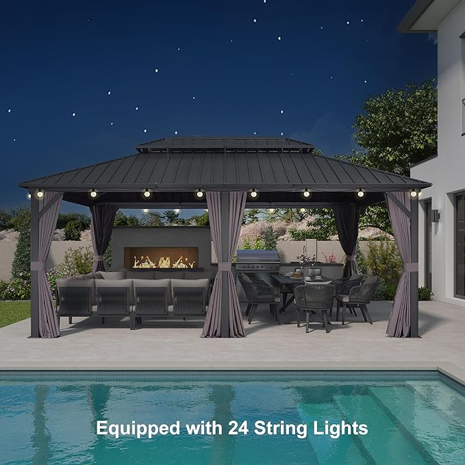 PURPLE LEAF 12'x18' Hardtop Gazebo with Lights Patio Outdoor Pavilion with Galvanized Steel Double Roof Includes Netting and Curtains for Garden Lawn Backyard Grey