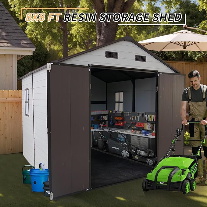 LANTRO JS Outdoor Storage Shed, 8x8x7.6FT Plastic Storage Shed with 2 Windows and Strong Aluminum Frame for Garden Tools, Bike, Lawnmower, White and Brown