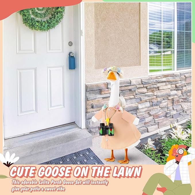 9 Pcs Bird Watcher Goose Outfits Hiking Costume Clothing T-shirt Straw Hat Binoculars Birds Whistle for 23'' Cement Porch Goose Summer Outdoor Garden Yard Lawn Patio Statue Art