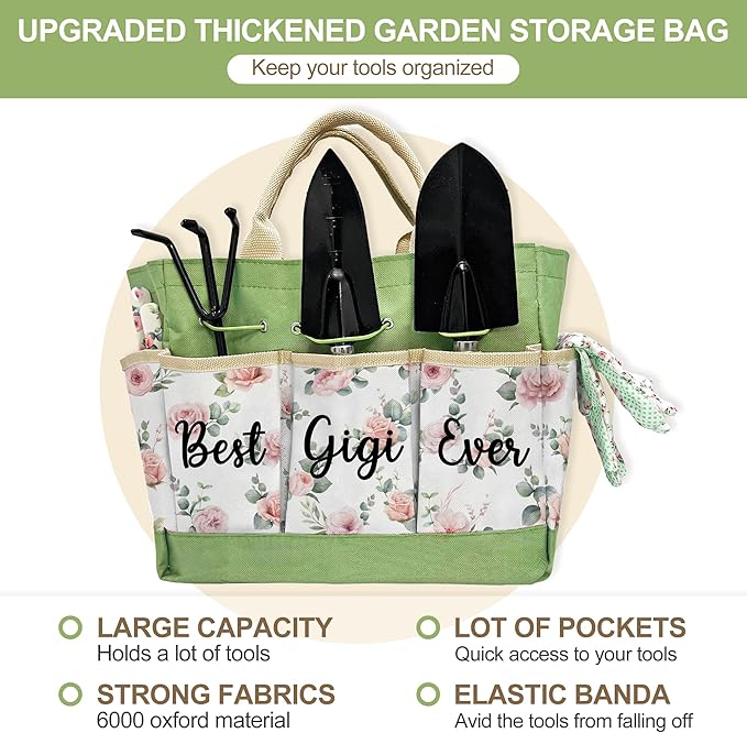 Gifts for Gigi, Mothers Day Gardening Kit Gigi Gifts from Grandkids Floral Gardening Tools and Durable Garden Tools Organizer Tote, Ideal Gardening Gift for Women on Birthday Plant Lover Present