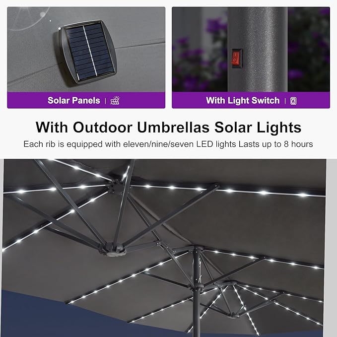 PURPLE LEAF 14ft Patio Umbrella with Solar Lights Outdoor Double-Side Market Umbrella with Base Included Rectangle Table Umbrella for Pool Garden Backyard, Grey