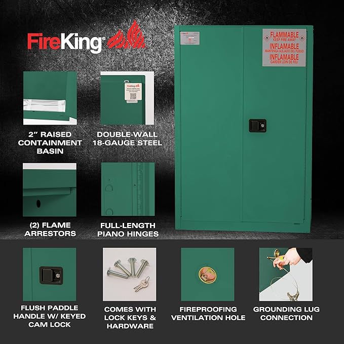 FireKing Green Flammable Safety Cabinet, Pesticides Flammable Storage Cabinet, 45 Gallon Steel Safety Cabinets with Manual Door for Commercial, Industrial & Home Use, 43" x 18" x 65"