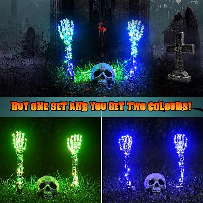 Maxee Halloween Lighted Skeleton Set, Skull Arm Stakes with 1 Remote Green Lights (36 LEDs, 8 Light Modes & Timing Function), 2 Purple Lights (3 Modes), Decoration for Outdoor Yard Garden Graveyard