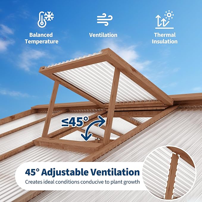 8x13FT Greenhouse Kit with Pergola, Wooden Greenhouse with Cedar Frame, Outdoor Wood Greenhouses with Roof Vent, Wood and Polycarbonate Walk-in Greenhouses