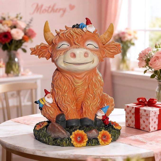 Solar Garden Statue Highland Cow Figurine with Funny Gnomes Garden Outdoor Decor for Yard Patio Lawn Christmas Housewarming Gifts for Women,Mom,Grandma (Yellow)